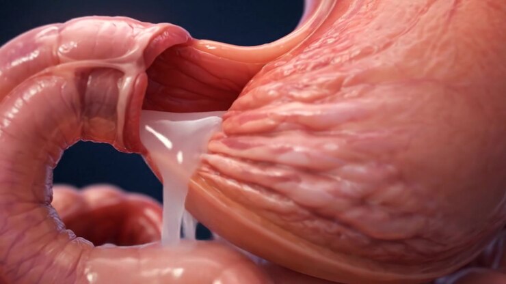 Detailed human stomach and intestines anatomy visualization on dark blue background