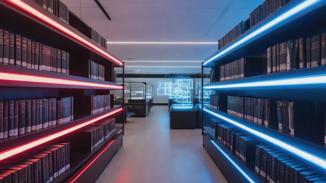 Library Bookshelves with Neon Lights