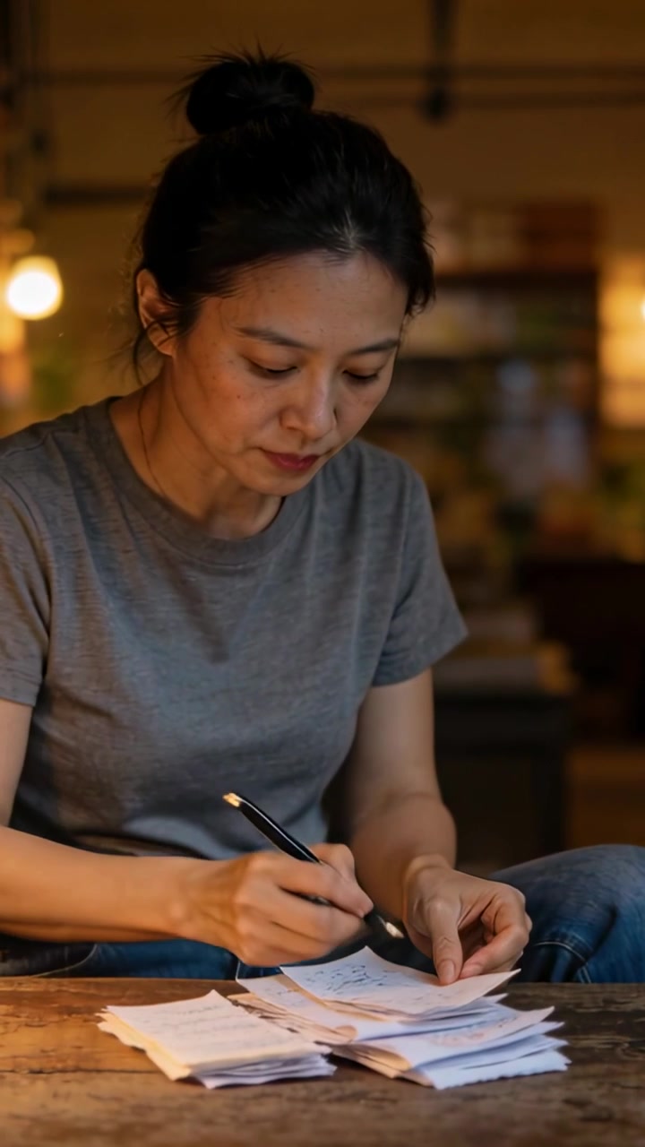 Vertical video: Finding pile of receipts, woman scanning and writing papers with pen at home table