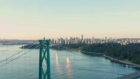 Close-Up-Pan-Revel-at-Lions-Gate-Bridge,-Vancouver-during-sunset---Drone-Aerial