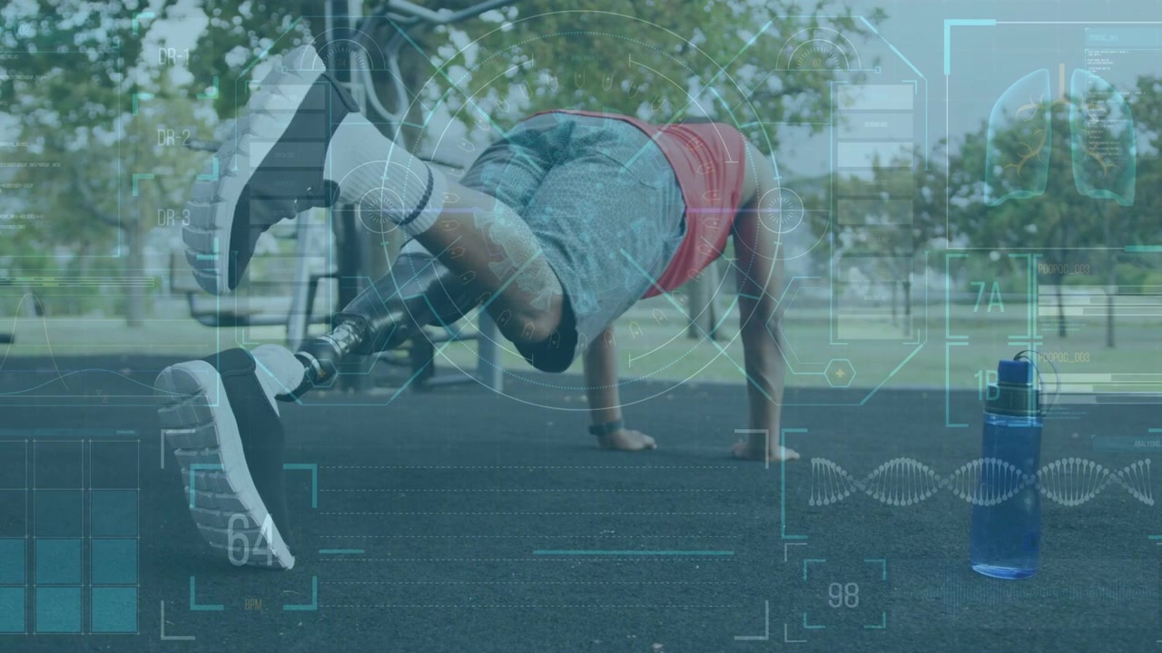 Man holding high plank, driving prosthetic leg, stabilizing core on fitness mat, HUD showing HR