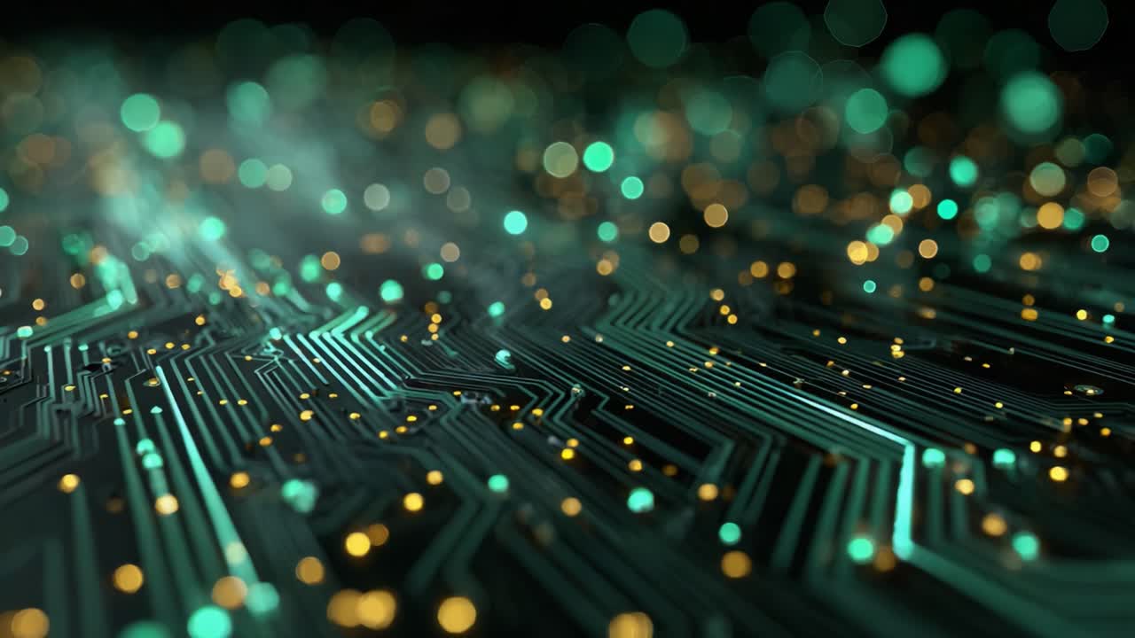 An Intricate Digital Landscape: A Stunning Visualization of Circuit Patterns Highlighted by Vibrant Lights and Textures in a Kaleidoscopic Background