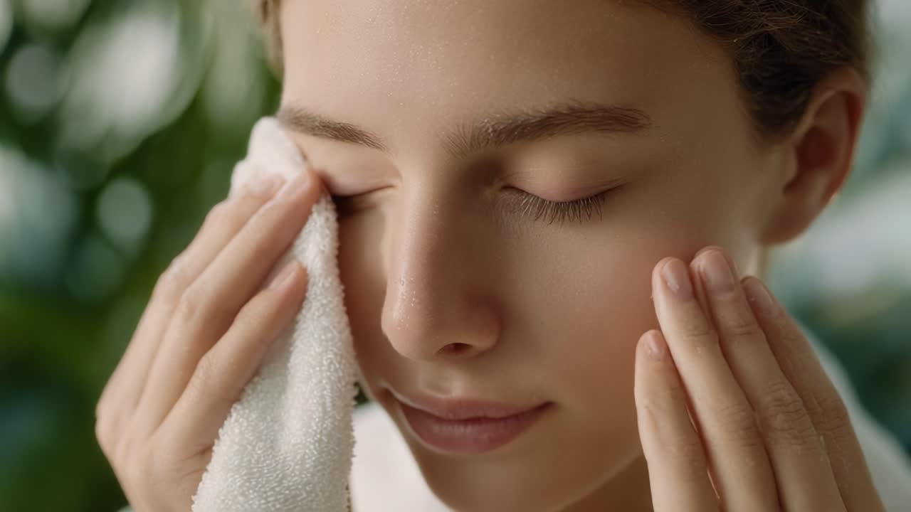 Woman Gently Cleansing Her Face with a Soft Towel in a Relaxing Spa-like Environment with Lush Greenery in the Background, Focusing on a Skincare Routine