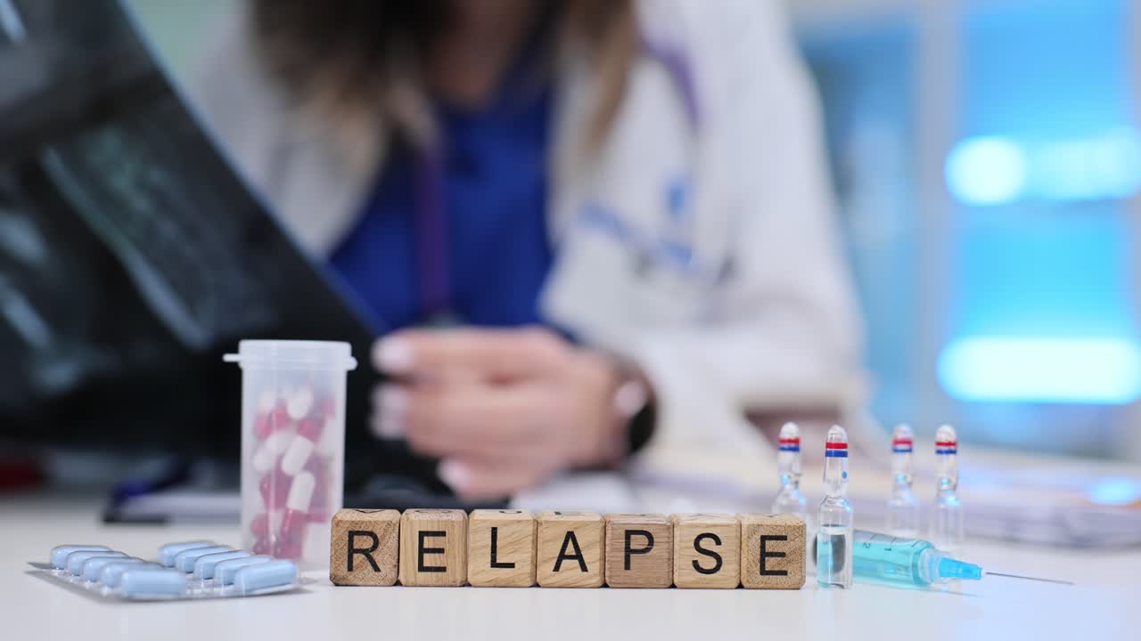 Medical Supplies and 'Relapse' Word Blocks on a Doctor's Desk
