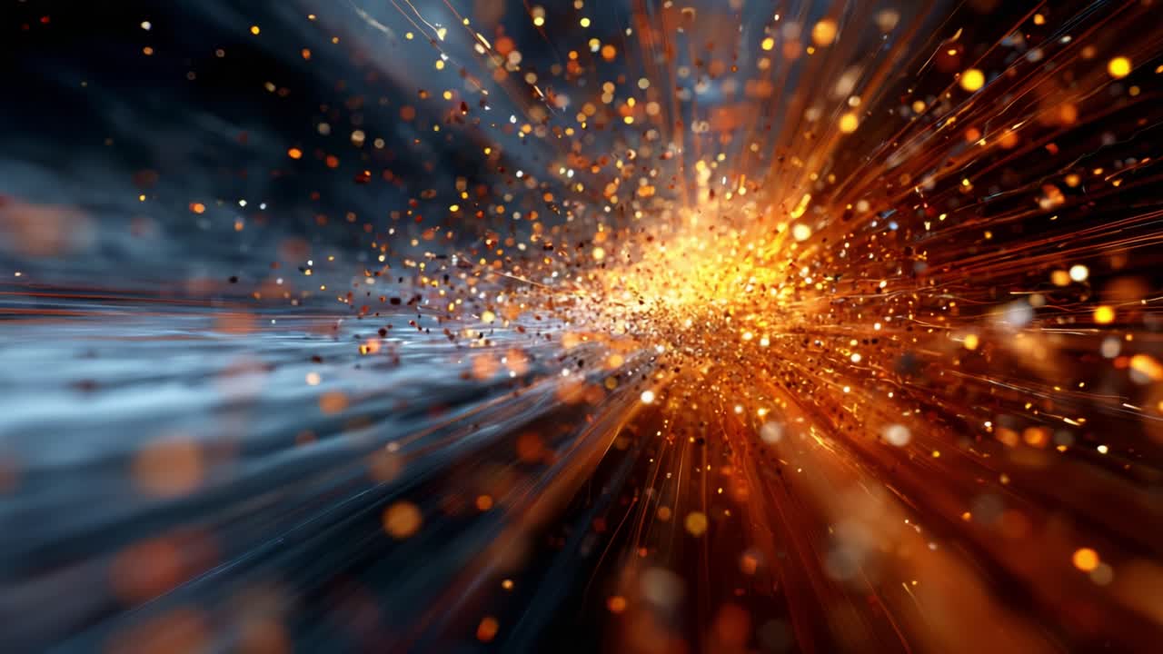 Dynamic Explosion of Light and Color: A Vivid Display of Particles and Energy Radiating in a Stunning Abstract Background of Bright Orange, Gold, and Glimmering Effects