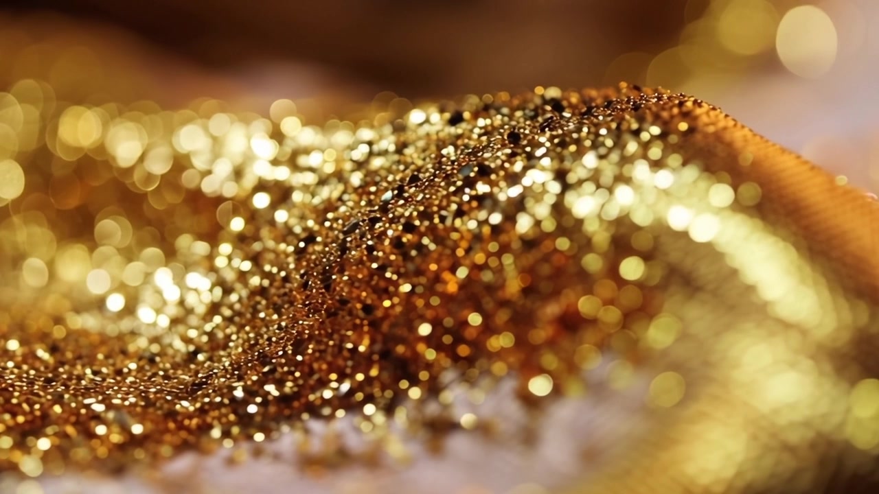 Primo piano di glitter dorato scintillante con luci bokeh.