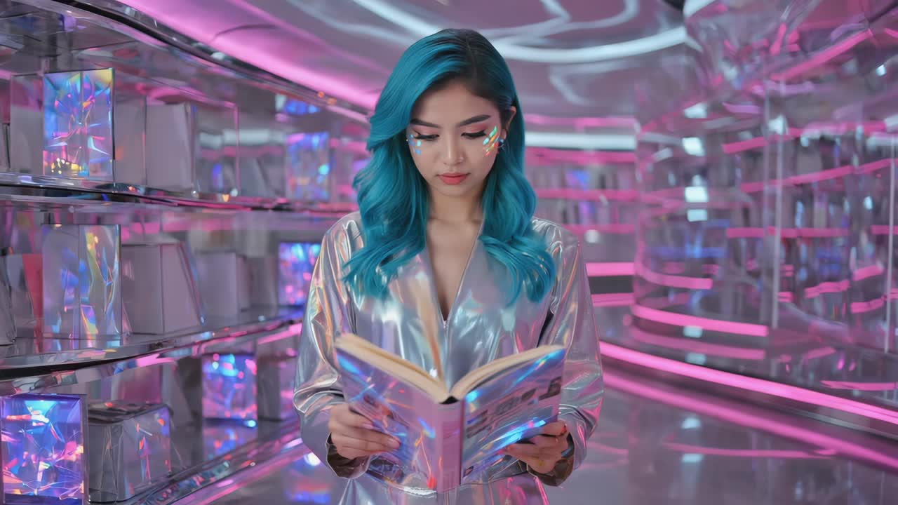 Futuristic Woman Reading a Holographic Book in a Neon Cyberpunk Setting