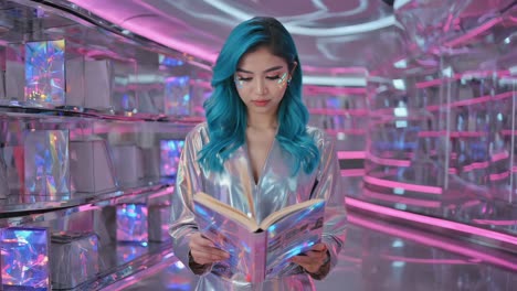 futuristic woman reading a holographic book in a neon cyberpunk setting