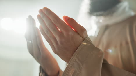 mosque, prayer and hands of islamic man with dua