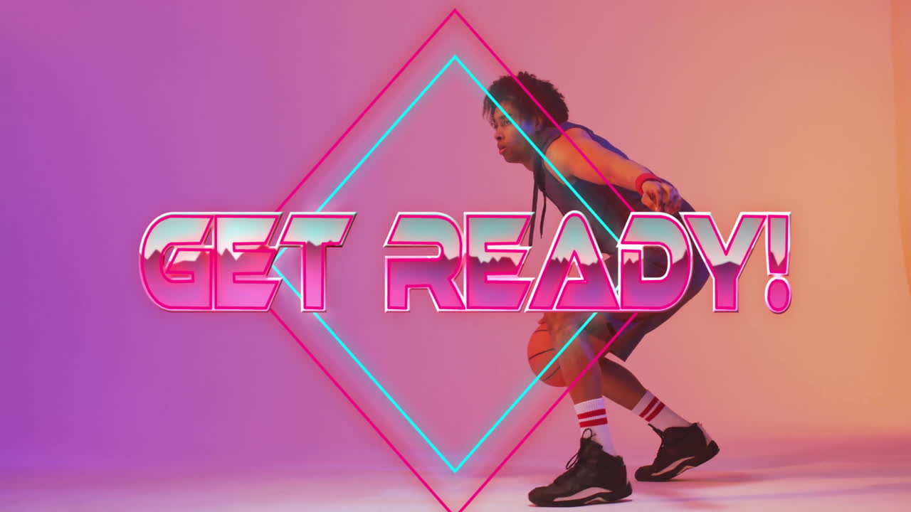 ¡prepárate! animación de texto sobre el jugador de baloncesto driblando la pelota