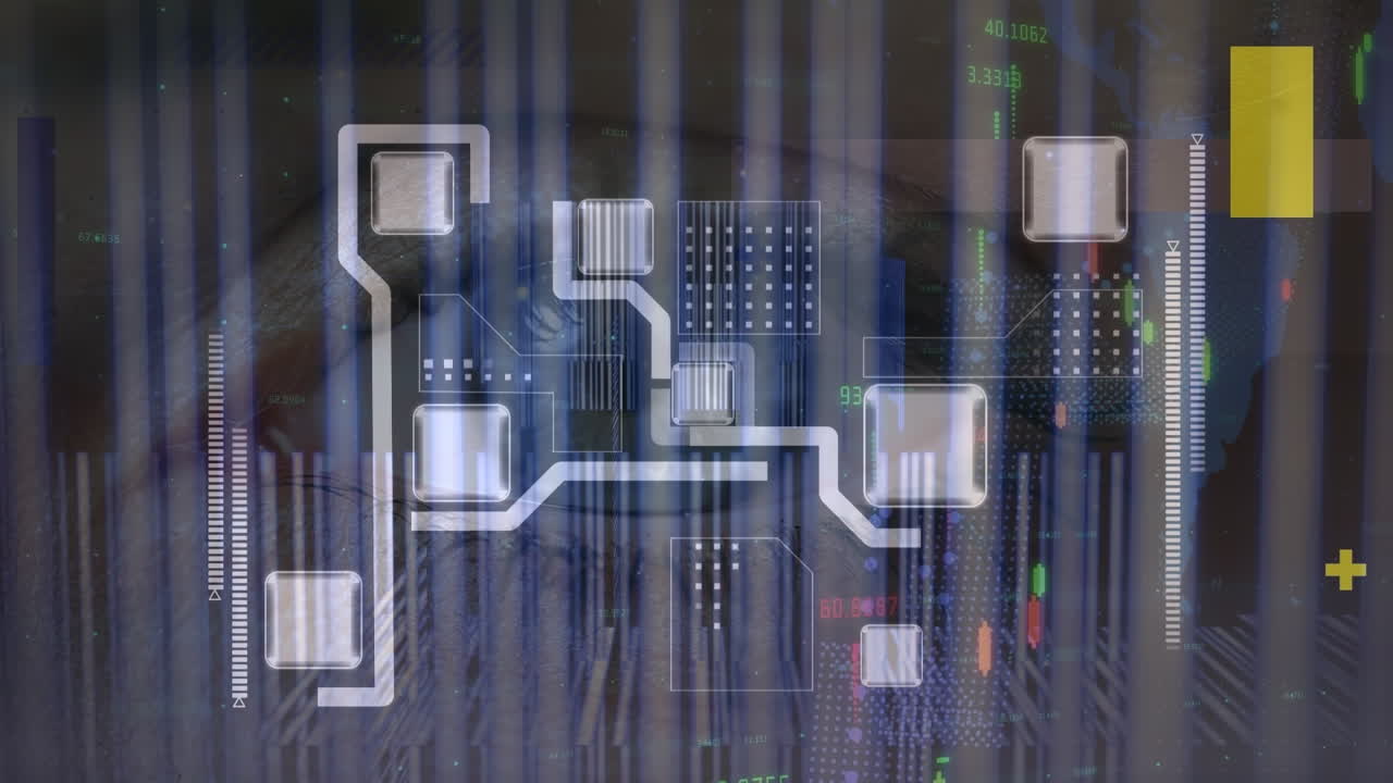 Financial data processing and network of connections over world map against close up of a female eye
