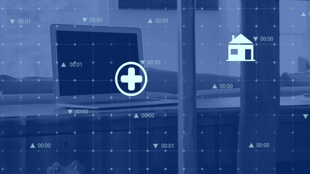 사무실 책상에 있는 노트북에 대항하여 그리드 네트워크를 통해 여러 디지털 아이콘의 애니메이션