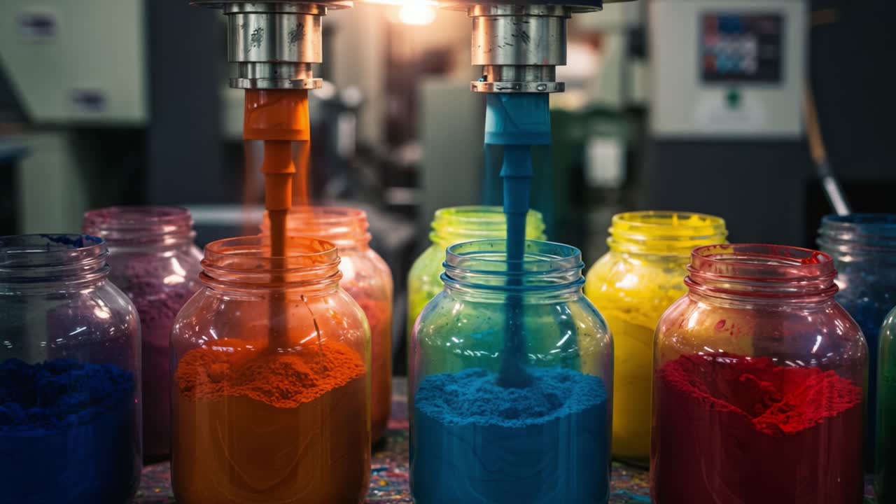 Vibrant Colors Flowing from Dispensers into Jars in a Production Setting, Showcasing the Artistry and Precision of Powdered Pigments in Creative Applications
