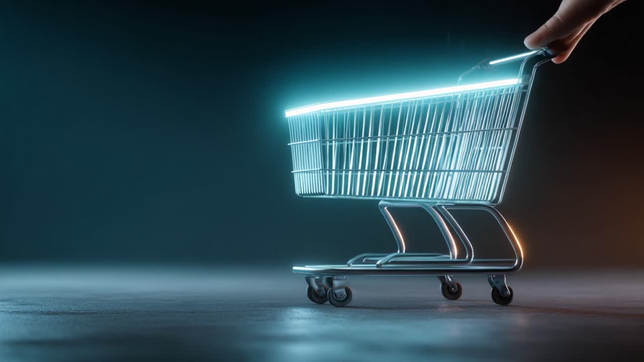 A modern, illuminated shopping cart stands alone in a dimly lit space, highlighting the sleek design and functionality that embodies contemporary retail experience