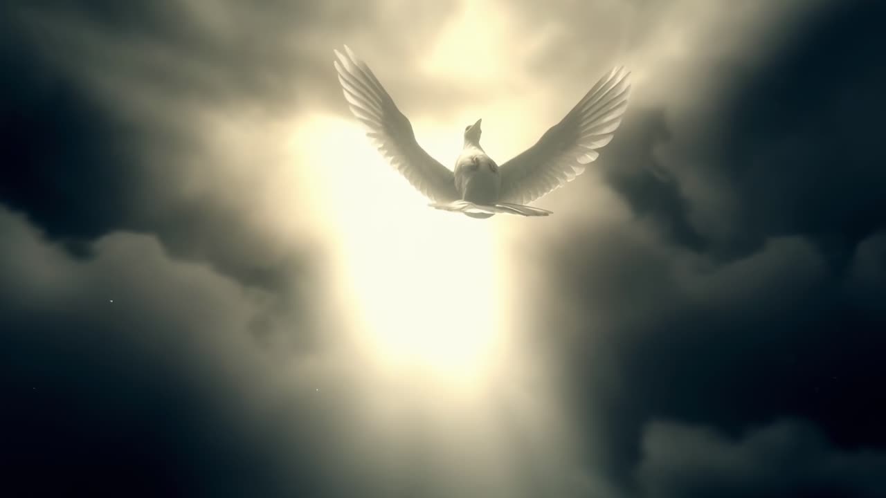 Una colomba si libra verso la luce attraverso le nuvole, catturata dal basso, evocando una scena video serena.
