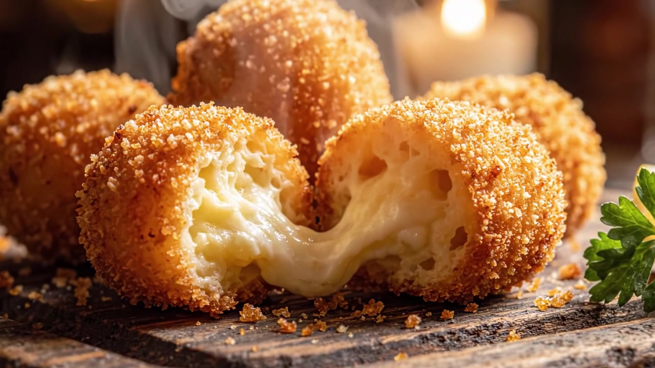 Palline di Formaggio Dorate e Deliziose: Croccanti Fuori, Filanti Dentro - Una Delizia Tentatrice che Esalta un Sapore Irresistibile e la Golosità.