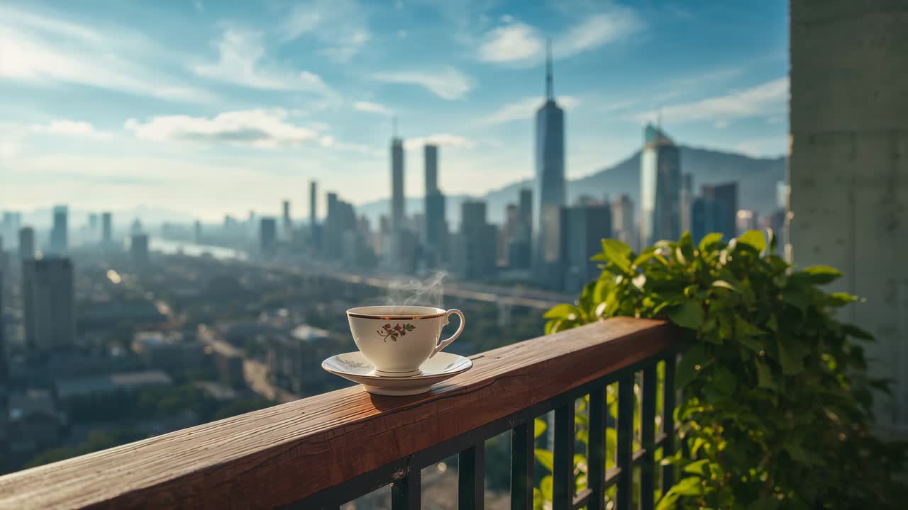 Steaming teacup sitting on balcony rail, hot beverage cooling and steam thinning as camera shifting