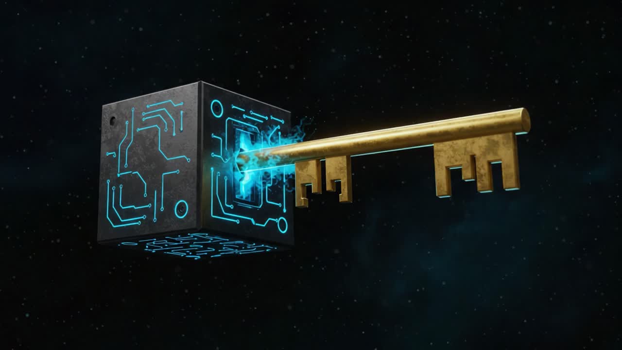 A Futuristic Interplay of a Glowing Key and High-Tech Cube, Symbolizing Access to Hidden Dimensions and Secrets in a Cosmic Landscape