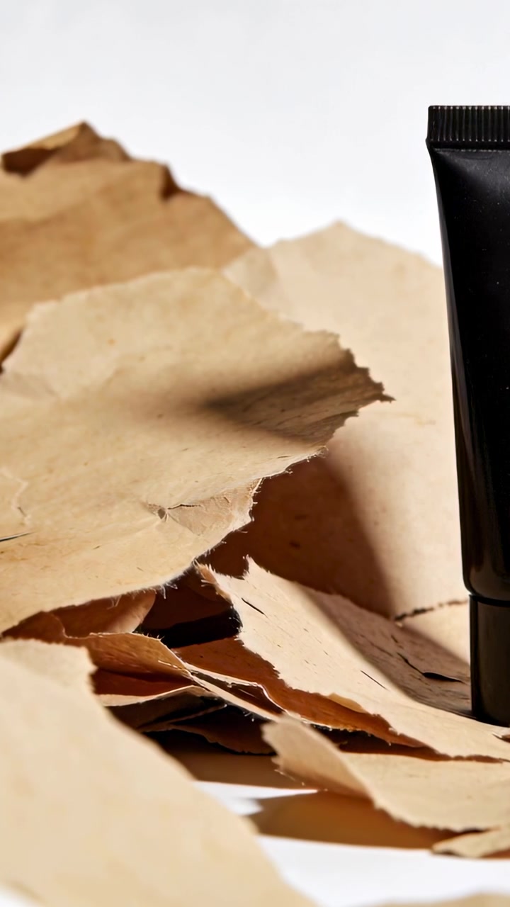 Vertical video: Panning camera promoting black squeeze tube on set with kraft paper, copy space