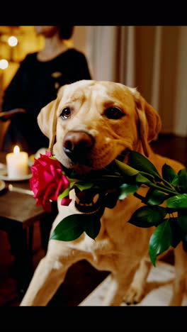 dog with a rose at a romantic dinner