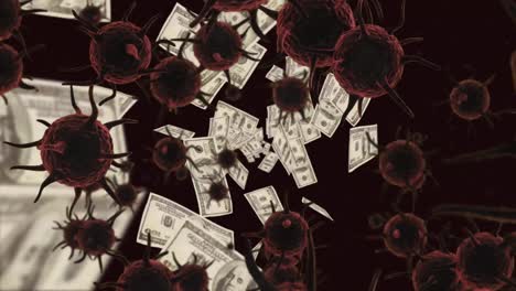 animation of macro covid-19 cells and american dollar bills floating.