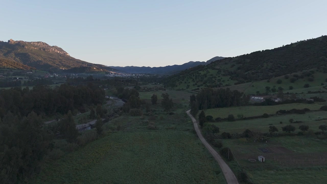 Strada rurale che attraversa campi verdi nella campagna sarda con colline e un cielo serale tenue, drone