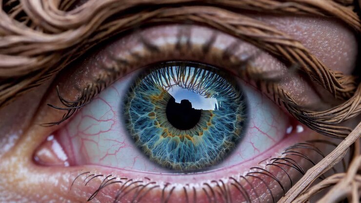 Macro Close-up of a Detailed Human Eye with Surrounding Organic Tendrils