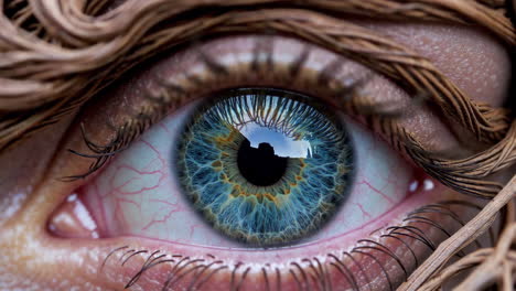 macro close-up of a detailed human eye with surrounding organic tendrils