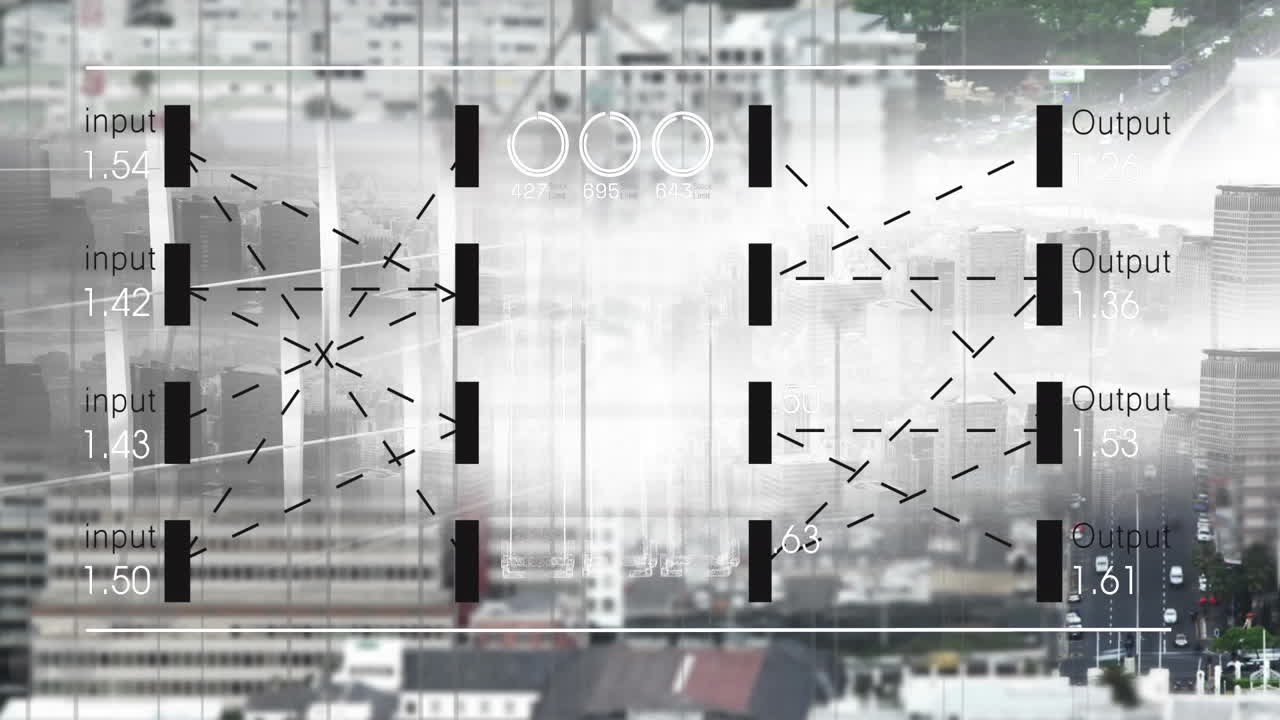 도시 풍경 위의 데이터 처리 애니메이션