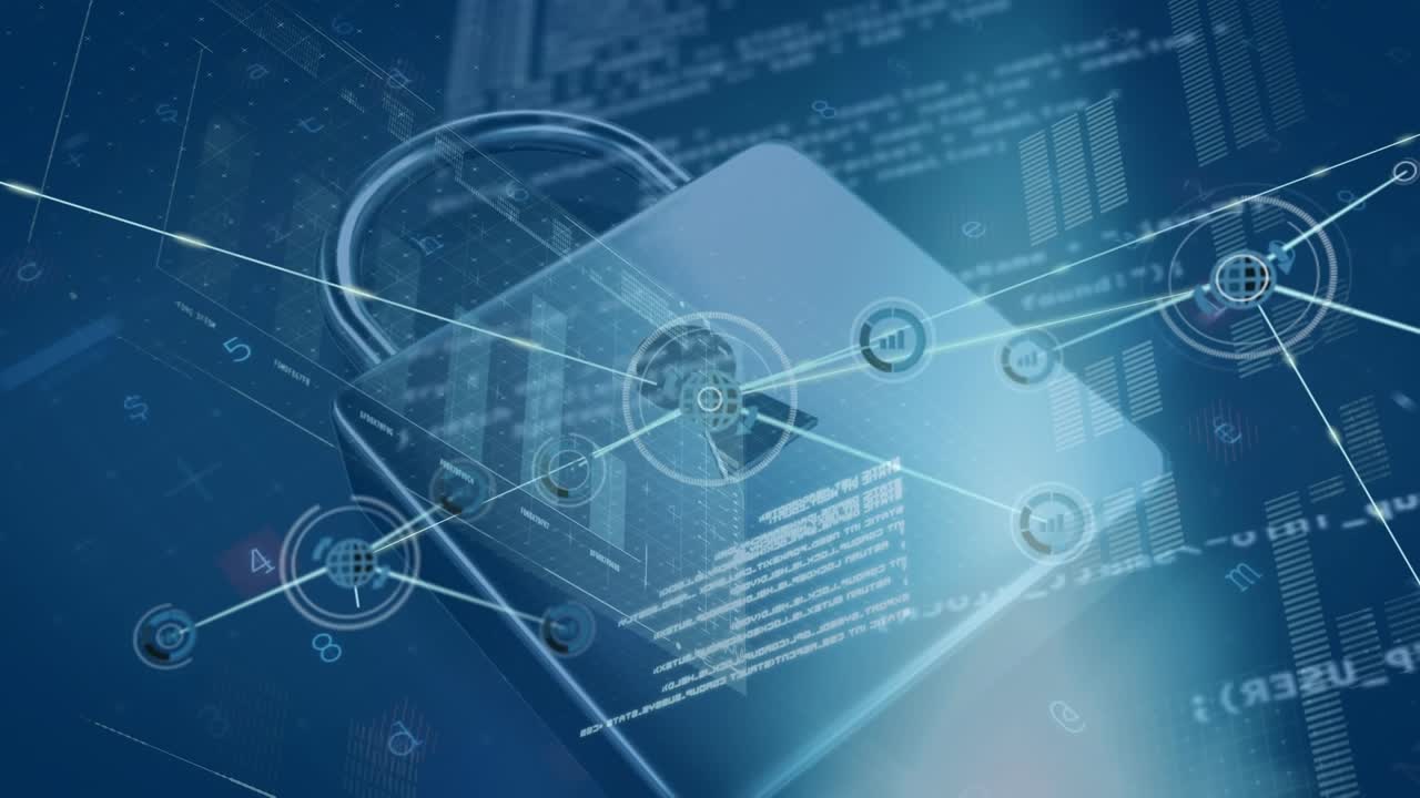 Animation of data processing and padlock over blue background