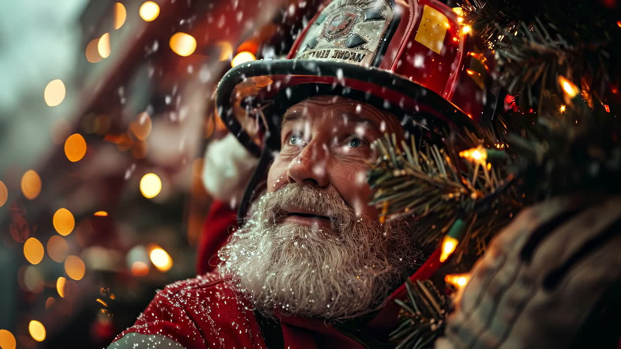Firefighter loves winter cheer. A firefighter adorned with festive gear admires holiday lights while snowfall creates a magical winter scene
