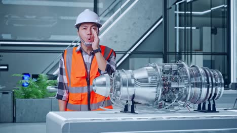 engineer examining jet engine model