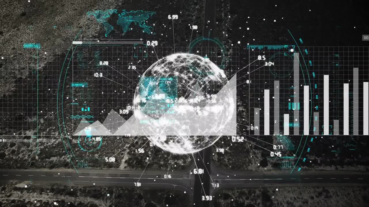 Animation of data processing and globe of network of connections against aerial view of cityscape