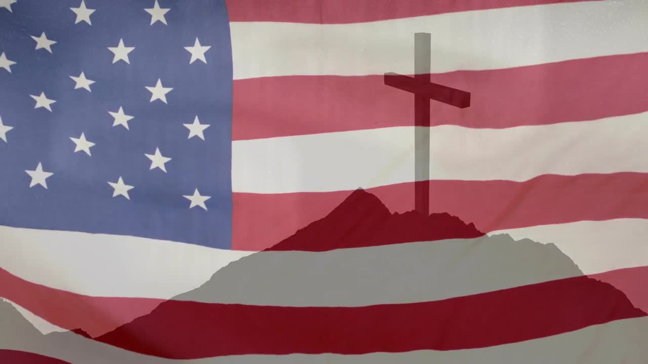 Animation of christian cross over waving flag of usa