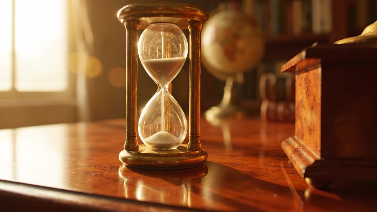 Un'elegante clessidra cattura l'essenza del tempo in una stanza illuminata calorosamente, circondata da libri e un mappamondo, che rappresenta la conoscenza e la transitorietà.