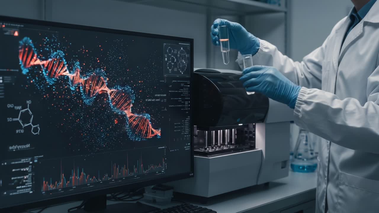 Advanced DNA Analysis: Scientist Conducting Experiments with Genetic Data Visualization and Laboratory Equipment in Cutting-Edge Research Facility
