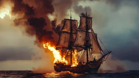 a tall ship on fire in the ocean with a cloudy sky in the background