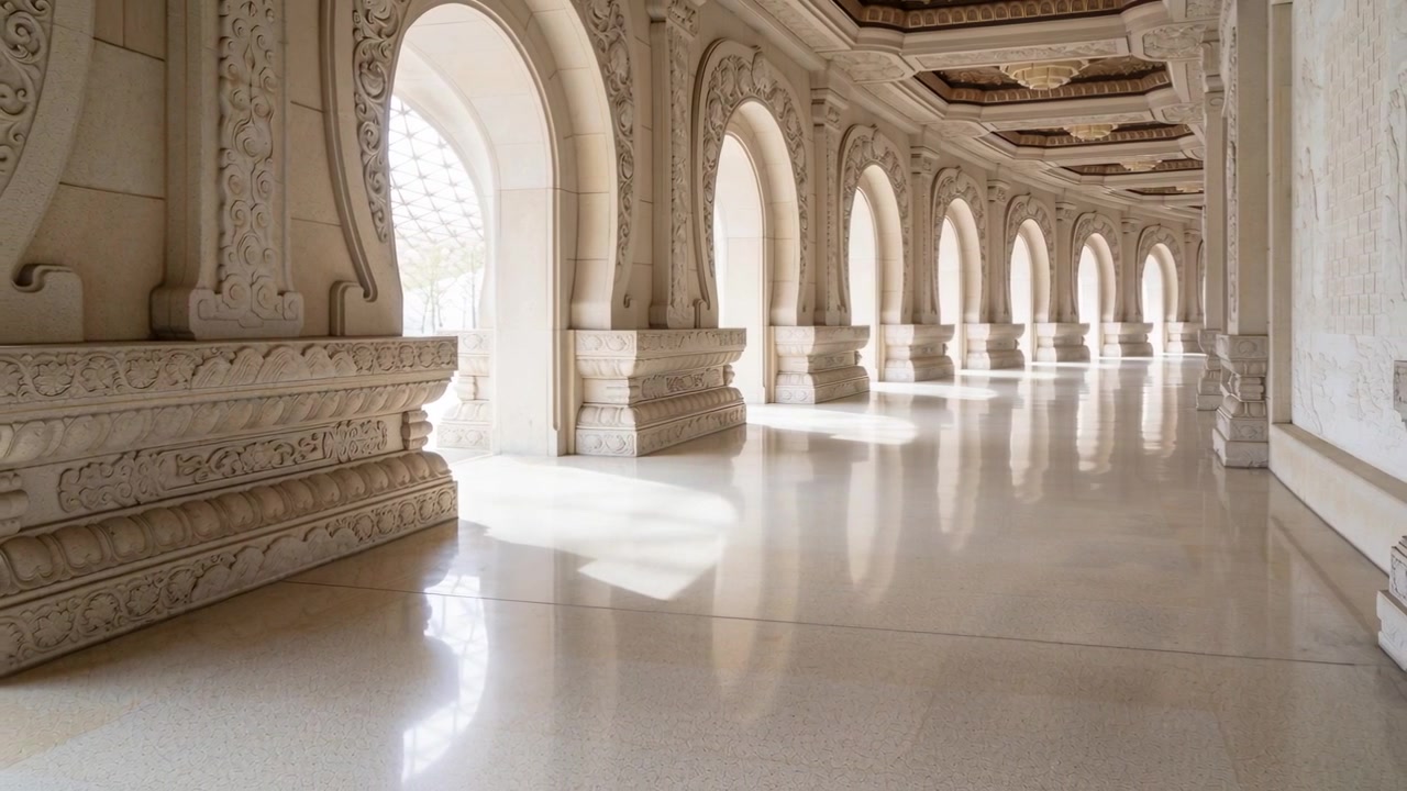 Kamera schwenkt durch gewölbten Korridor in einem Palast, enthüllt Pilaster und Deckenpaneele.