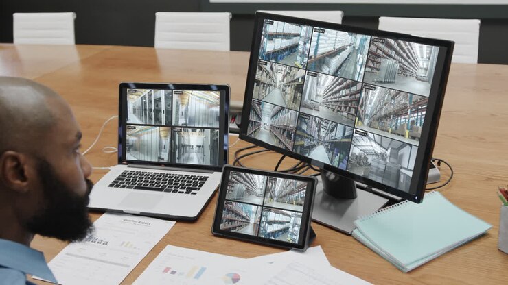 African american male security officer with business cctv camera views on three screens, slow motion