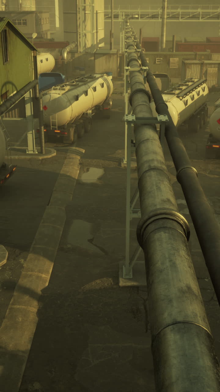 camiones cisterna en una fábrica con tuberías