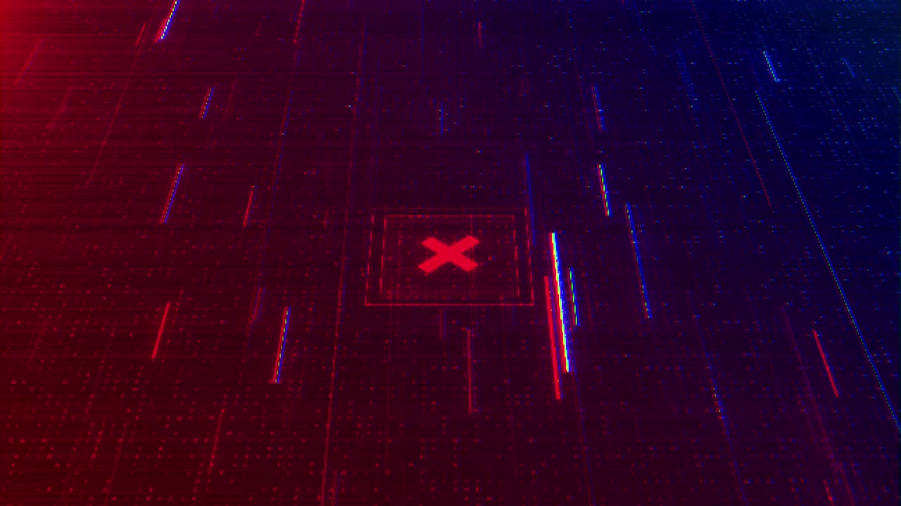 Glitch system failure alert visual with red cross icon blue digital grid noisy scan effects and dark