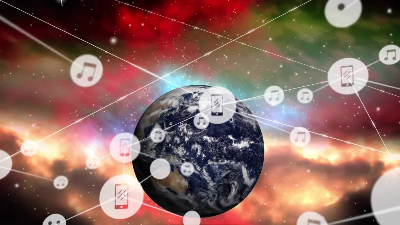 공간에 대한 다채로운 렌즈 플레어와 함께 회전하는 지구 위에 선을 가진 아이콘의 애니메이션