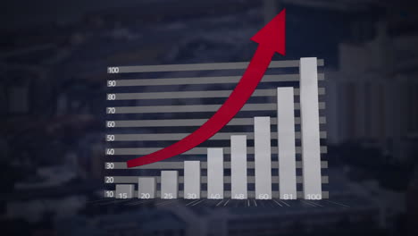 animation of red arrow, statistics, data processing over cityscape
