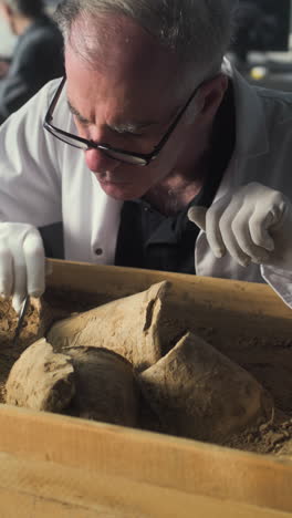 archaeologist examining ancient pottery fragments