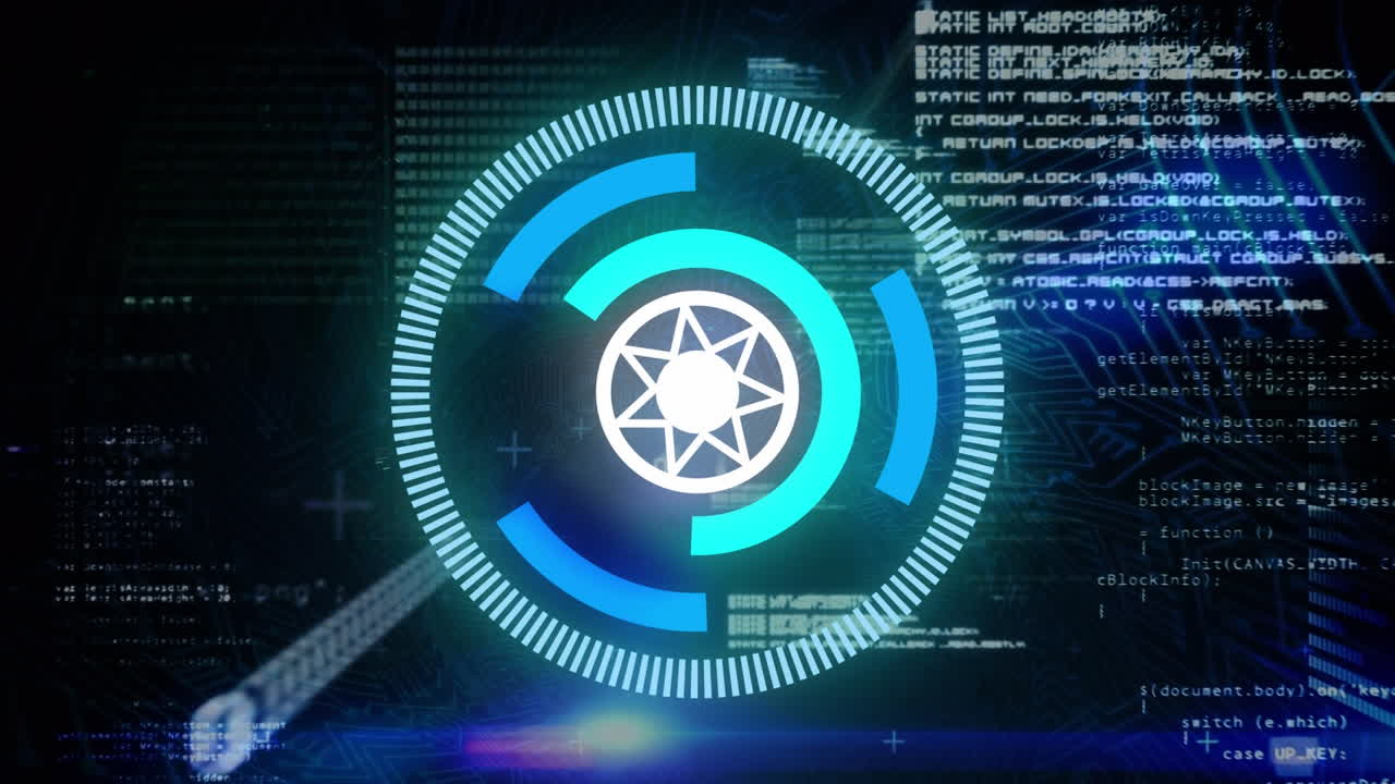 animación de escáner redondo de neón, procesamiento de datos y puntos de luz azul contra un fondo azul.