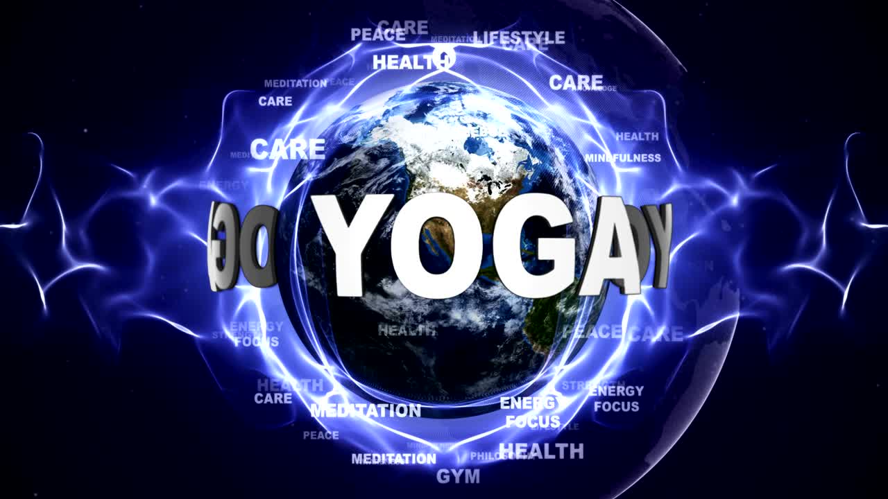 animación de texto de yoga y tierra, renderización, fondo, bucle