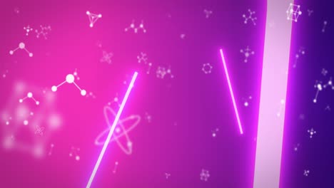 animación de moléculas que giran sobre rayas de neón brillantes
