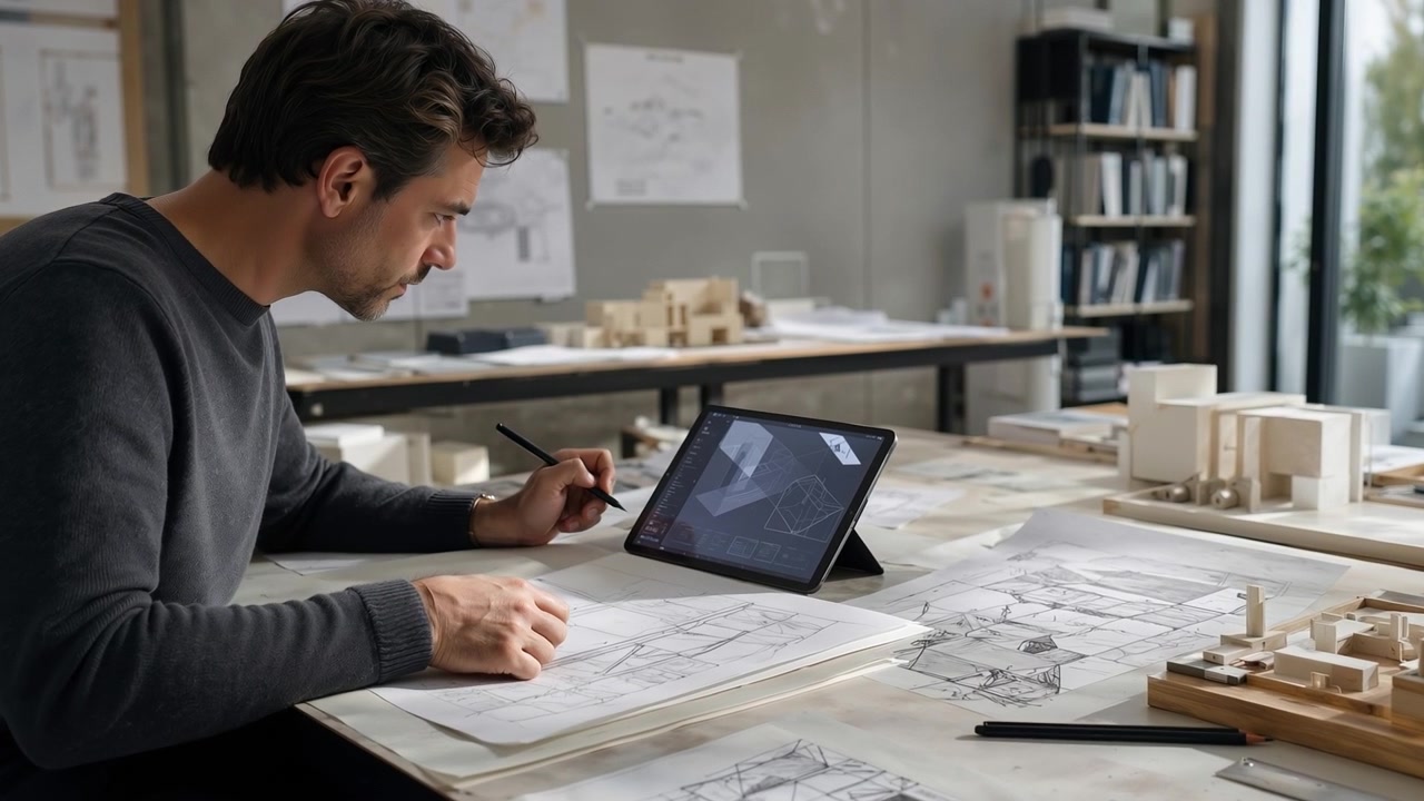 Architetto che lavora su progetti e usa un tablet digitale alla sua scrivania in ufficio.