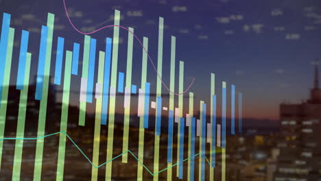 animation of financial data processing over cityscape
