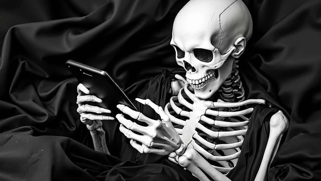 A skeleton sitting in a black robe holding a cell phone